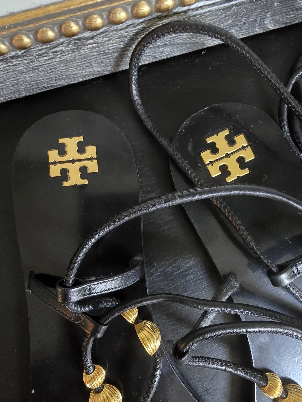 Tory Burch Women’s Capri Flat Lace Up Sandals Gold And Black 10